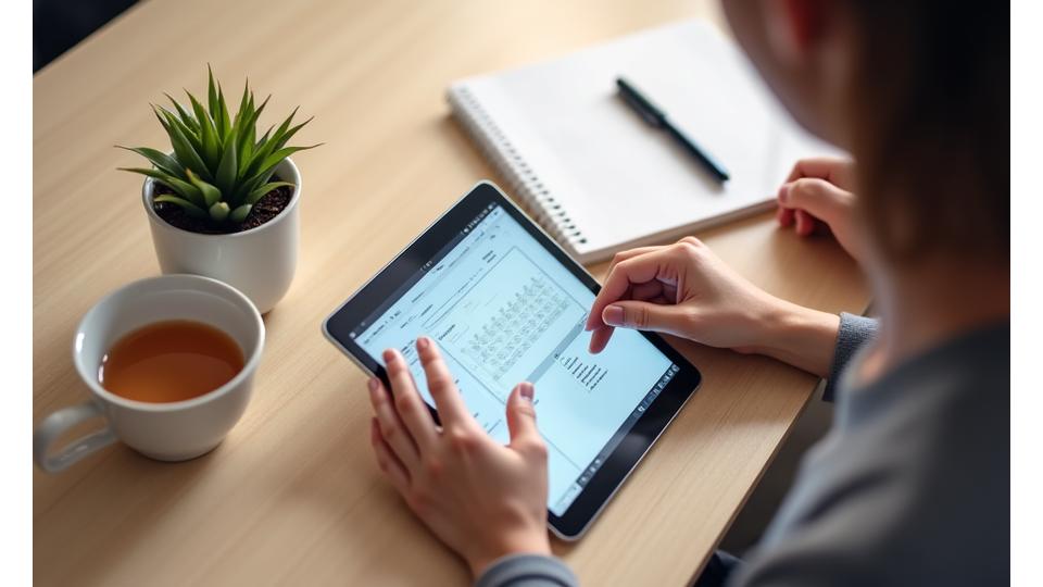 Ruka koja popunjava formular na tabletu uz šolju kafe, simbolišući fokus i efikasnost komunikacije.