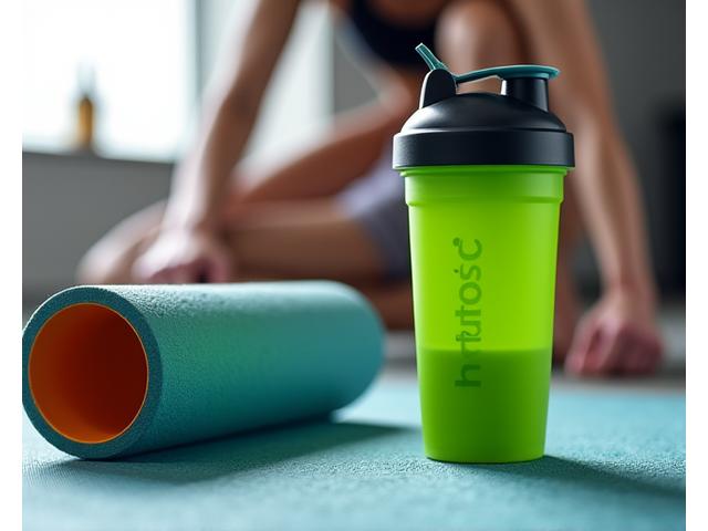 Oprema za fitnes i proteinski šejker nakon treninga u teretani