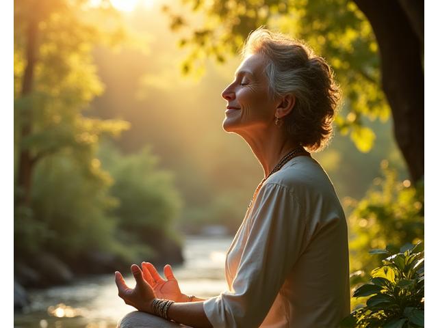 Osoba mirno meditira u prirodnom, zelenom okruženju, sa difuznim sunčevim svetlom koje ističe osećaj spokoja i unutrašnjeg mira